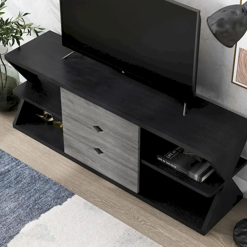 Ayala Modern Black and Distressed Grey 60-inch 4-Shelf TV Console with 3-Drawer