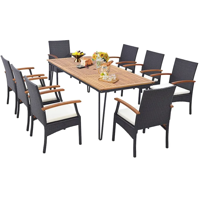 9 PCS Patio Rattan Dining Set Outdoor Table&Chair Set w/ Umbrella Hole