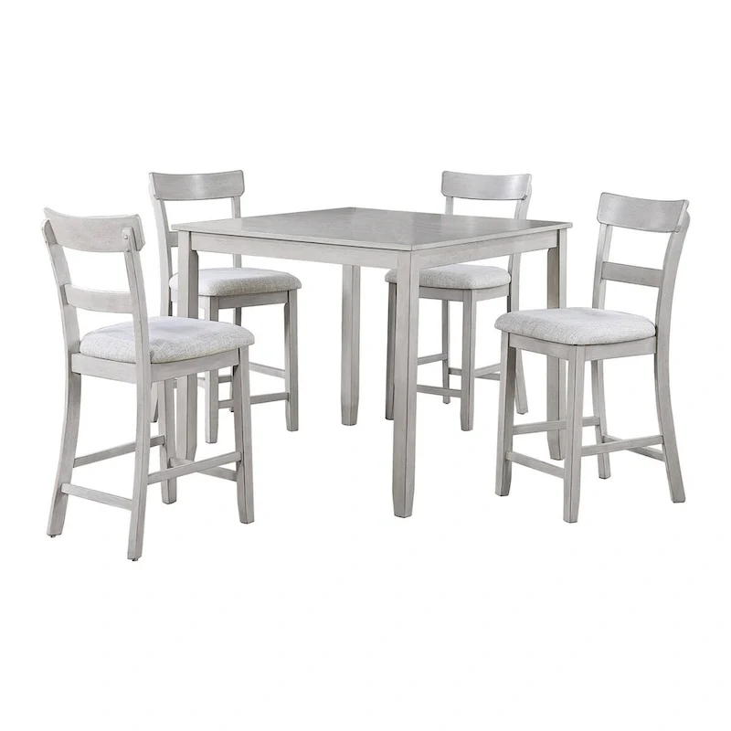 Cher 5 Piece Set Counter Height Dining Table, 4 Chairs, Gray Fabric, Wood