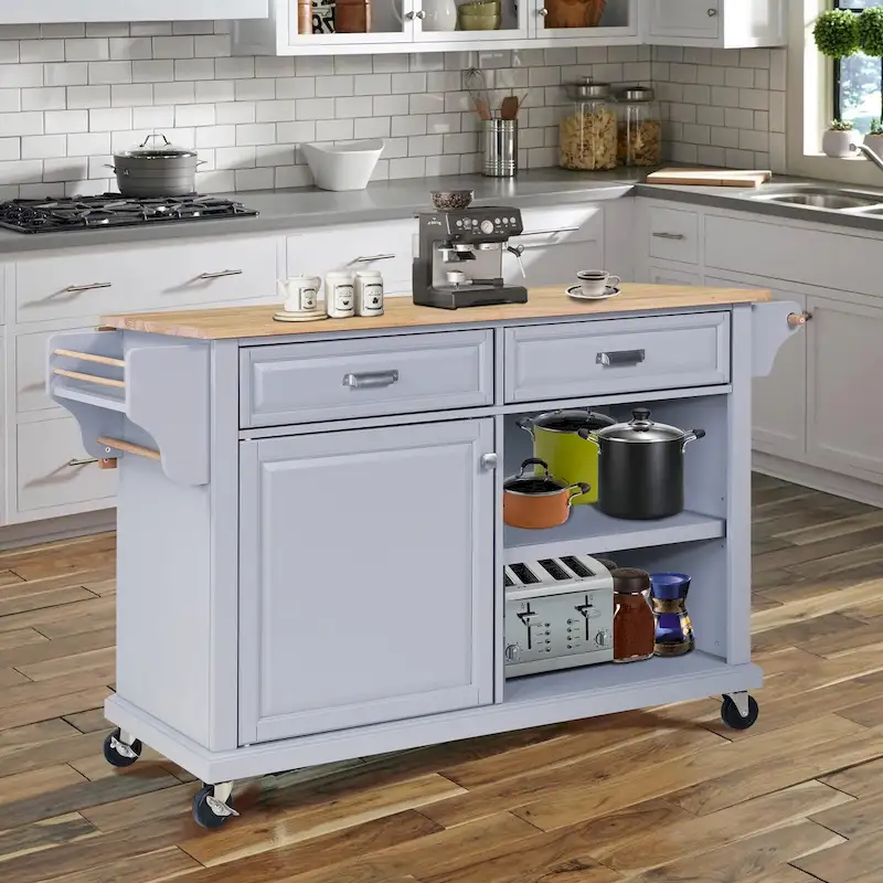 Cambridge Natural Wood Top Kitchen Island with Storage, Easy-Glide Drawers and Heavy-Duty Casters