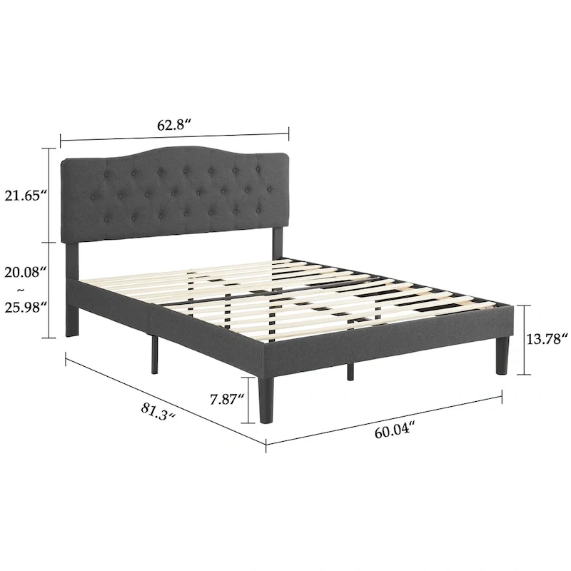 VECELO Modern Upholstered Bed with Height Adjustable Tufted Headboard ,Dark Grey