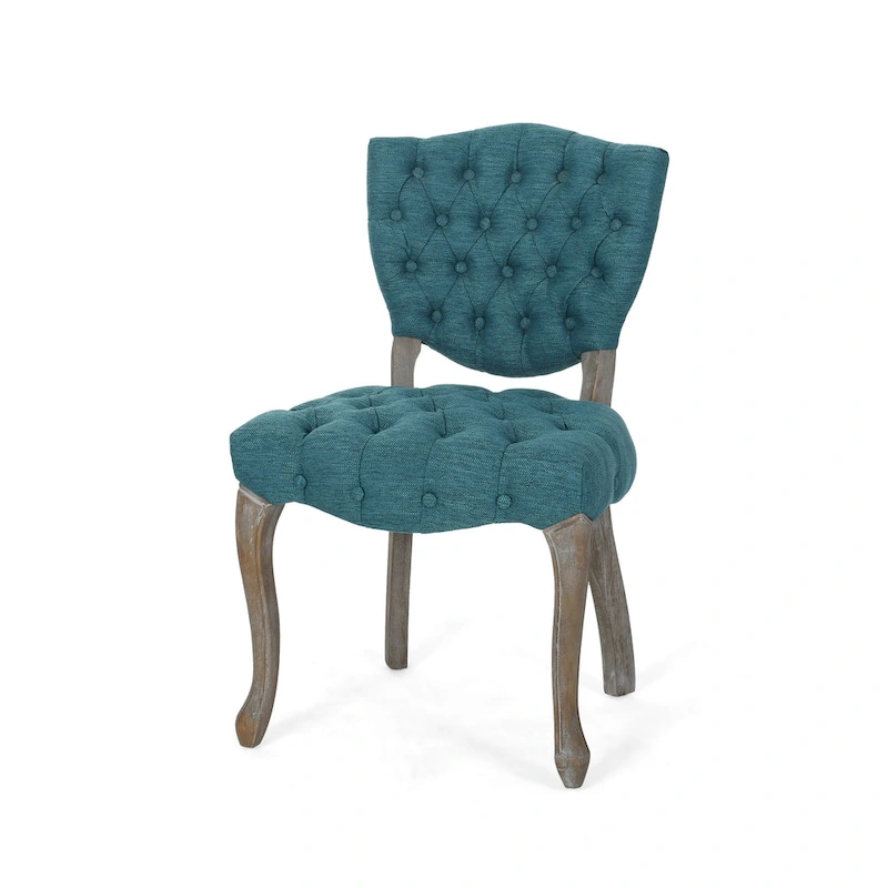 Dining Chair Set of 2, Button Tufted Teal Fabric Design, Rubberwood