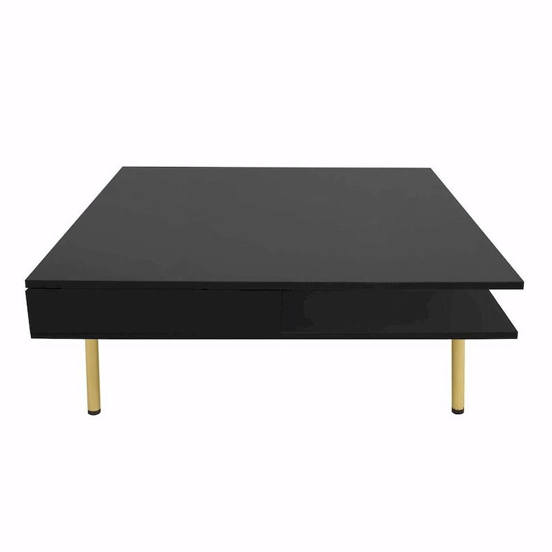 High Gloss Coffee Table: 4 Golden Legs, 2 Drawers, 2-Tier Square Design