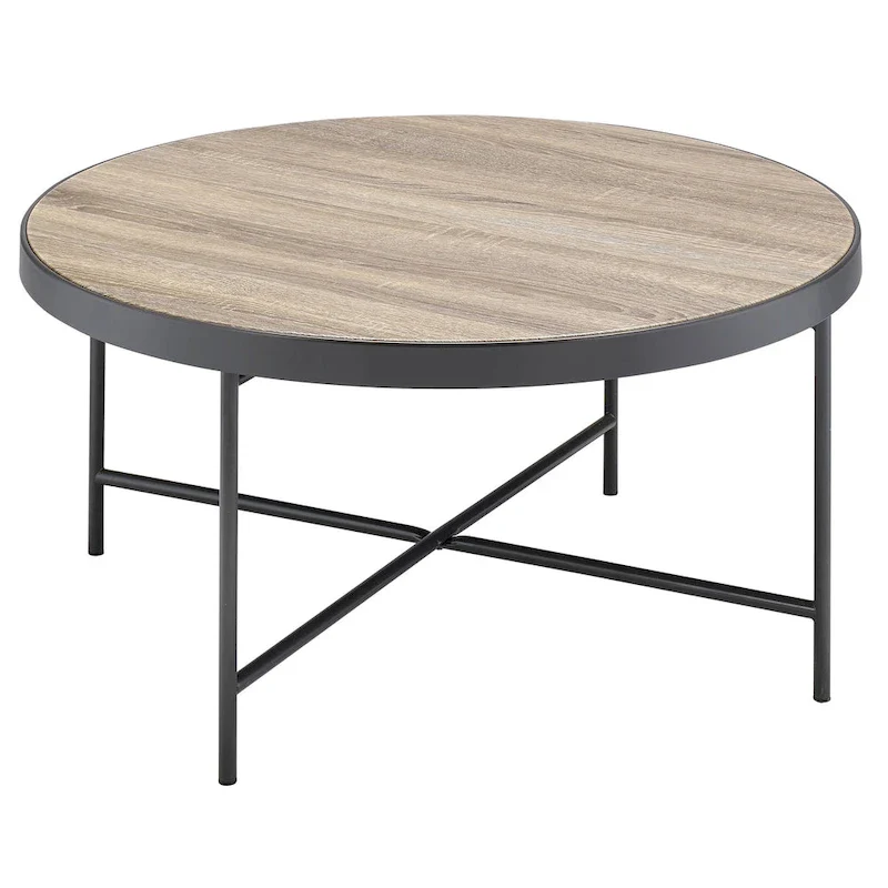 Round Farmhouse-Industrial Coffee Table – Weathered Grey Oak & Black Metal Frame