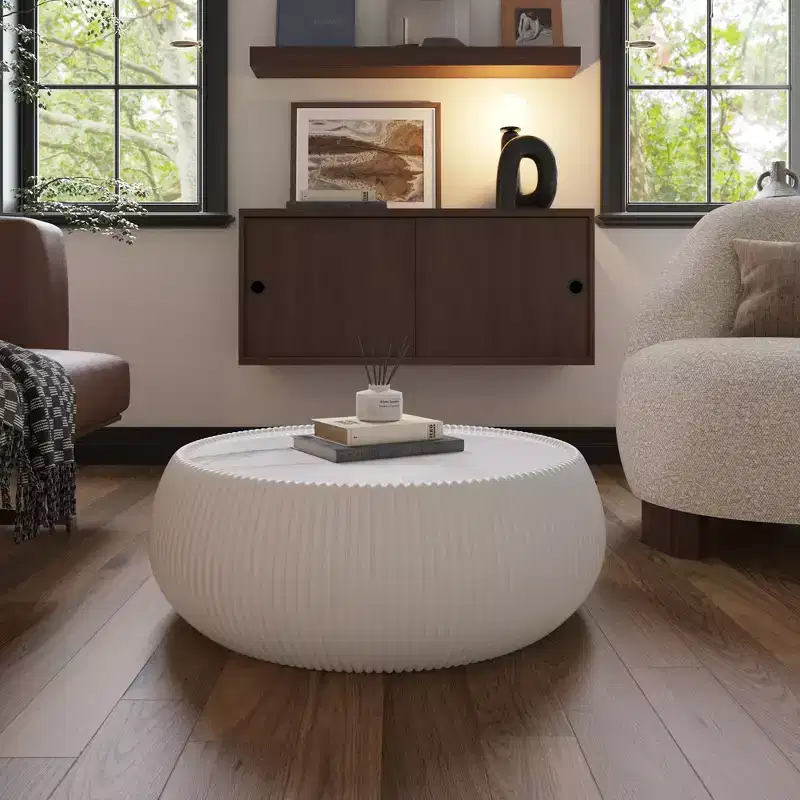 Drum-Shaped Leather Coffee Table with Sintered Stone Top and Grey Pattern
