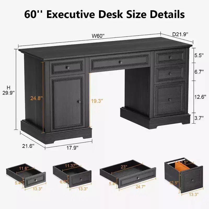 Dyonery 60 Farmhouse Executive Desk for Home Office - Wooden Writing Desk with Drawers, Cabinet Storage,Rustic Home Office Desk for Work Study