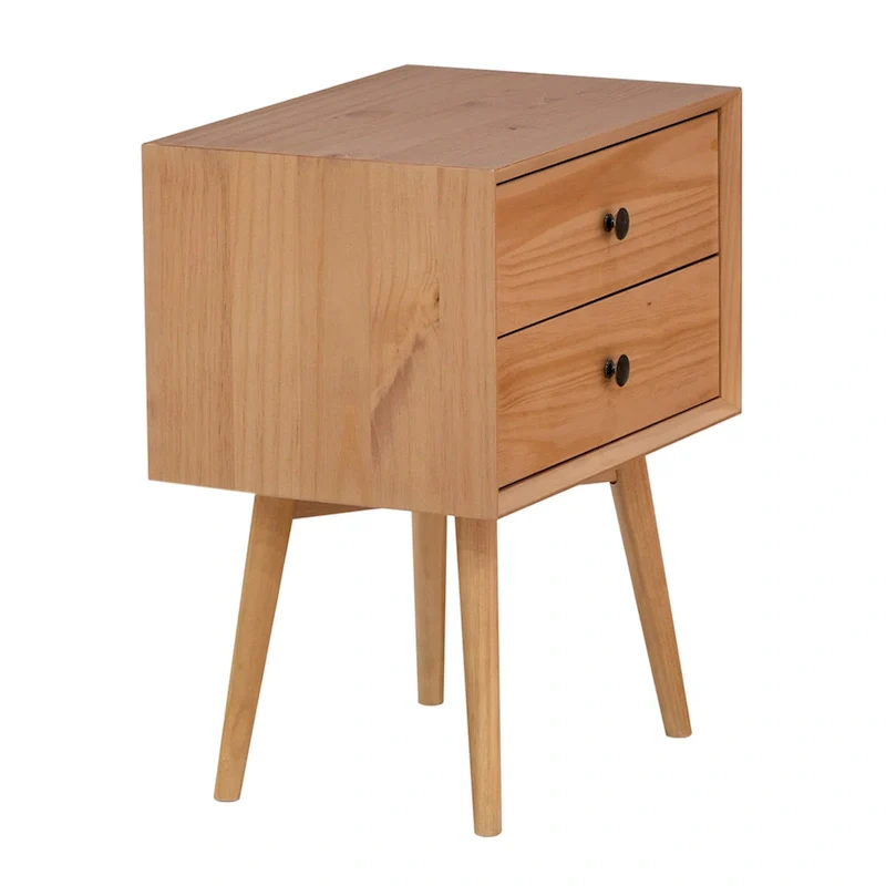 Mid-Century Solid Wood 2-Drawer Nightstand