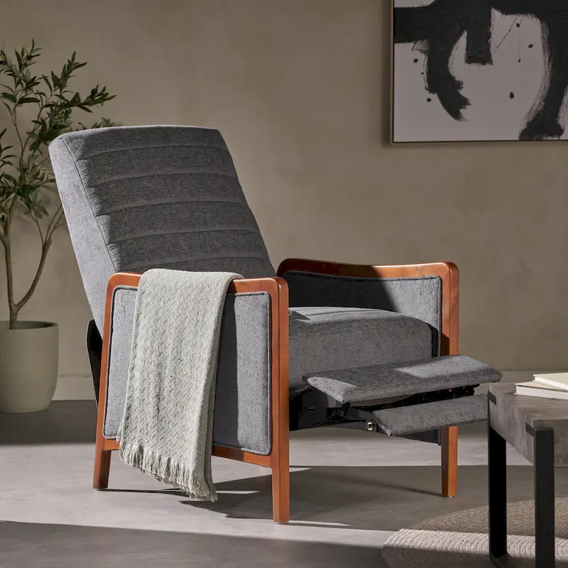 Channel Stitch Pushback Recliner, Fabric, Navy Blue / Sand / Gray with Walnut Frame, 1-Seat