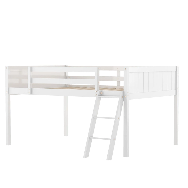 Full Size Wood Low Loft Bed with Removable Ladder, Wooden Bed Frame