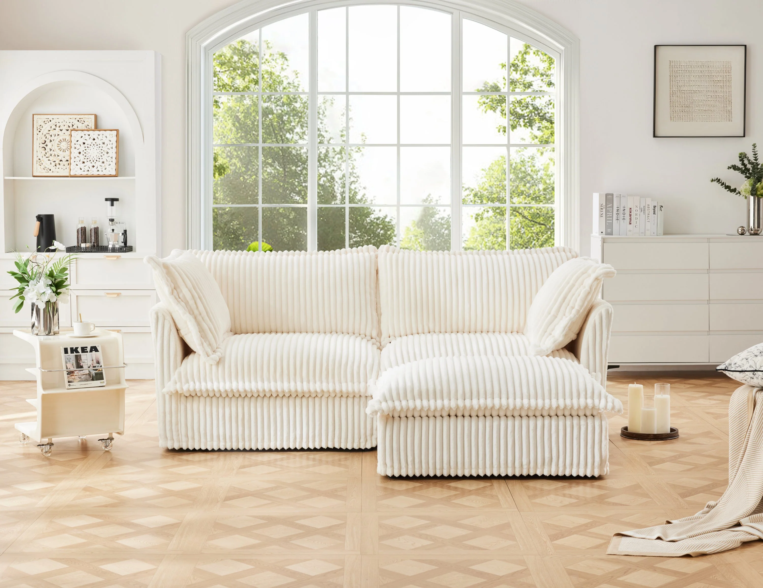 Walker Edison | Cloud Cream Corduroy Slipcovered Sectional Sofa with Ottoman