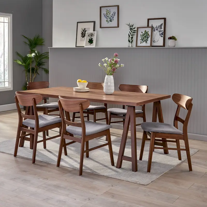Walnut/Oak Mid-Century A-Frame Dining Set with Upholstered Chairs, 7-Person