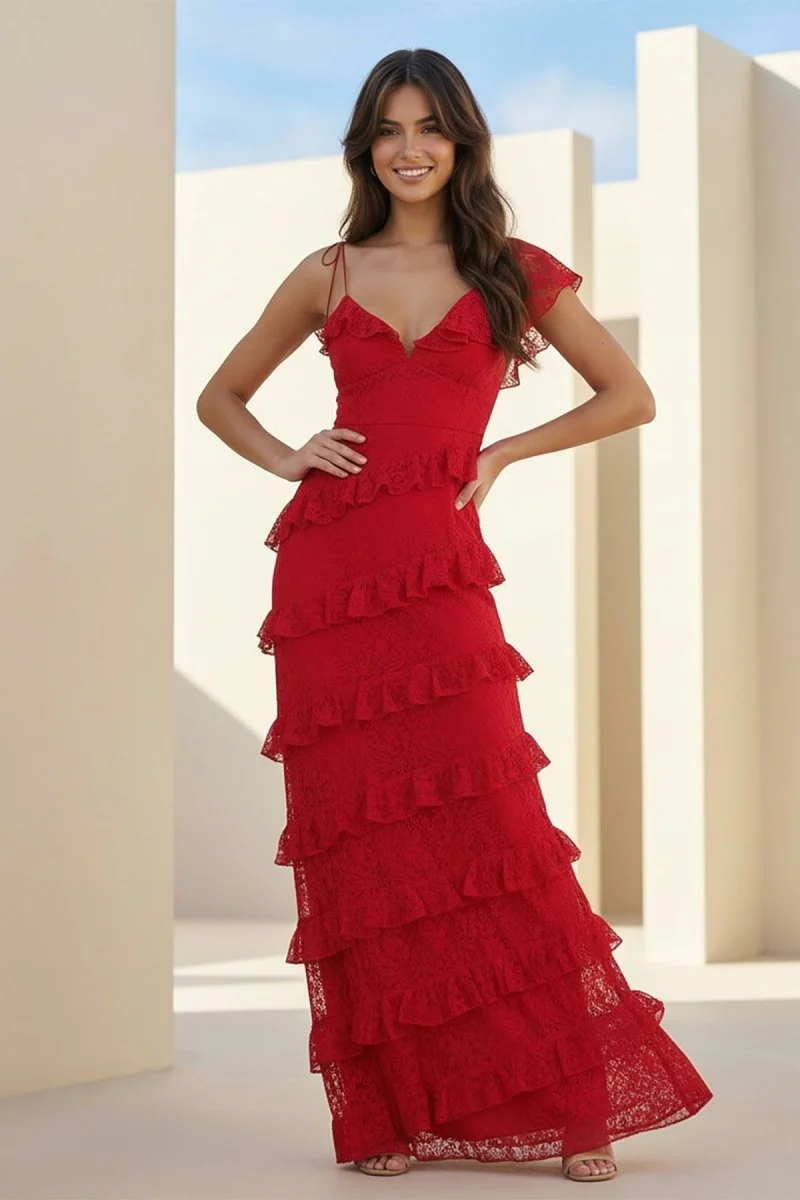 Red Sheath V Neck Lace Long Prom Dresses With Ruffles