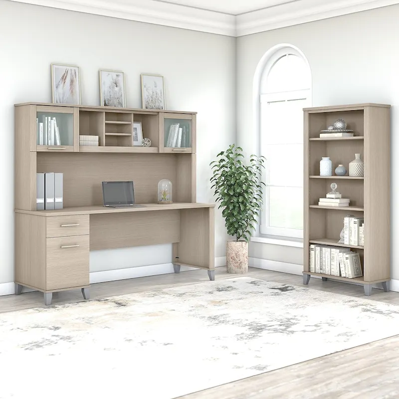 Somerset 72W Office Desk with Hutch and 5 Shelf Bookcase in Ash Gray