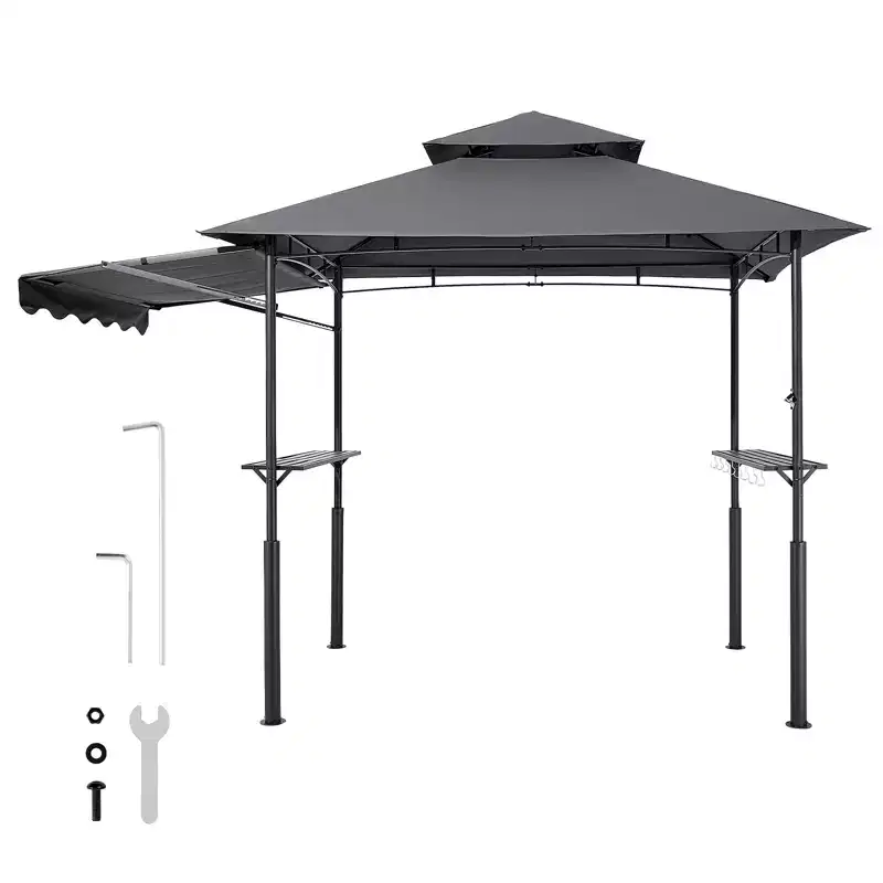 VEVOR Grill Gazebo, 8 x 5 ft Double-Tiered Top, BBQ Gazebo with Extra Awning, Powder-Coated Steel Patio Grill Shelter with 2 Side Shelves, Drak Gray