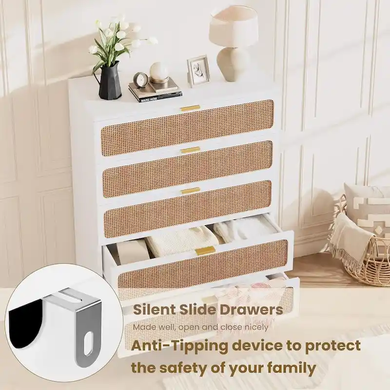 Rattan 5-Drawer Dresser for Bedroom and Hallway