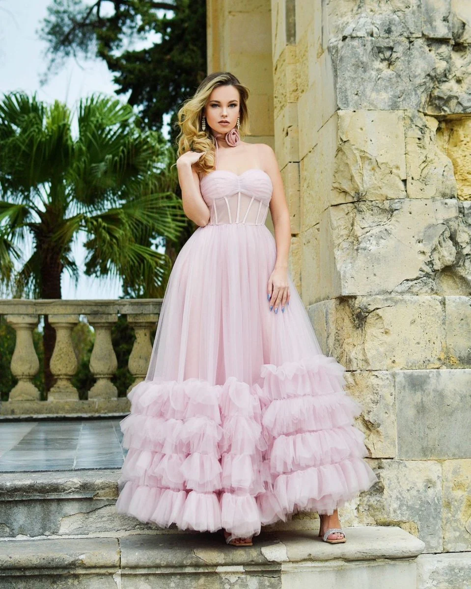 A-line Corset Strapless Tulle Prom Dress with Ruffles