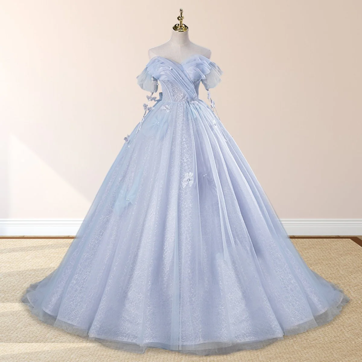 Ball-Gown Tulle Off The Shoulder Pearls Butterflies Quinceanera Dress with Appliqued