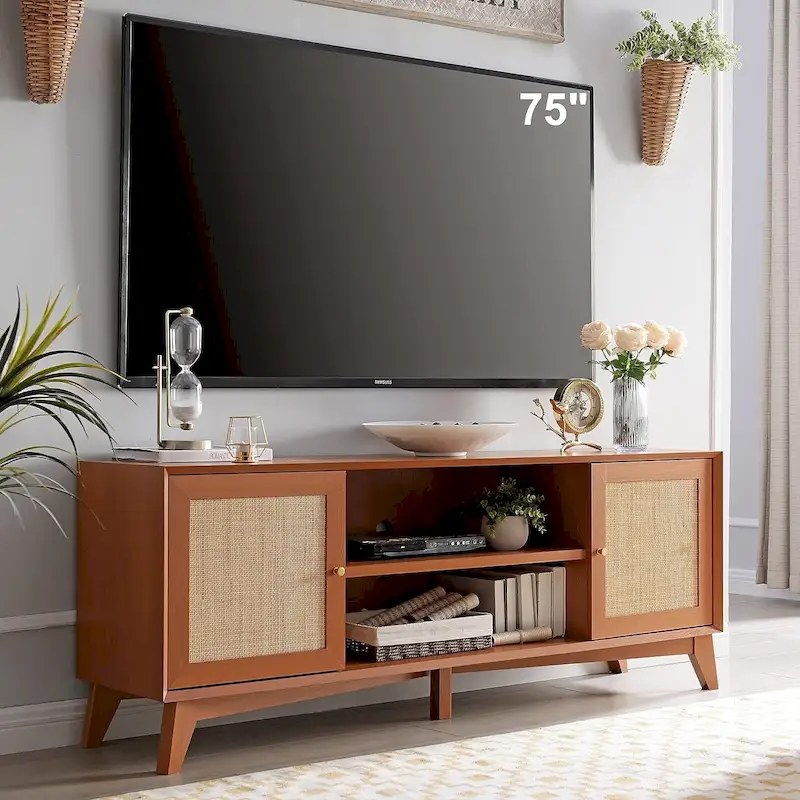 Cherry/White/Natural Oak Mid-Century Rattan TV Stand, Fits up to 75