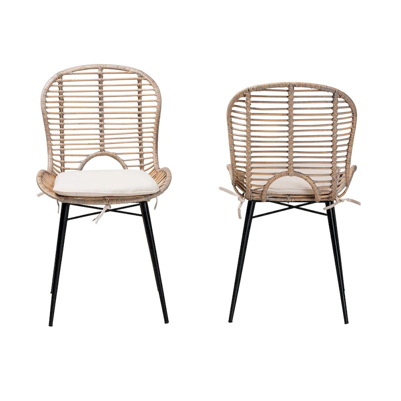 Brenna Modern Bohemian Rattan and Metal 2-Piece Dining Chair Set