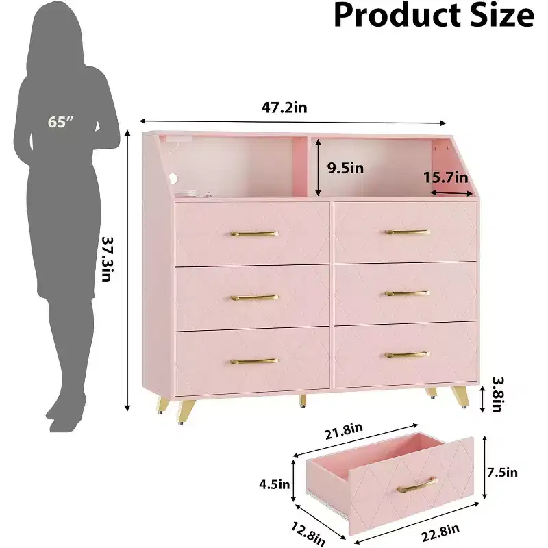 Lighted Chest of Drawer, Modern Black 6 Drawer Dresser with Charging Station, Open Shelf, Large Drawer Cabinet for Living Room, Bedroom