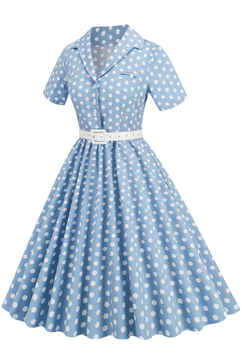 Hepburn Style V Neck Blue Polka Dots 1950s Dress
