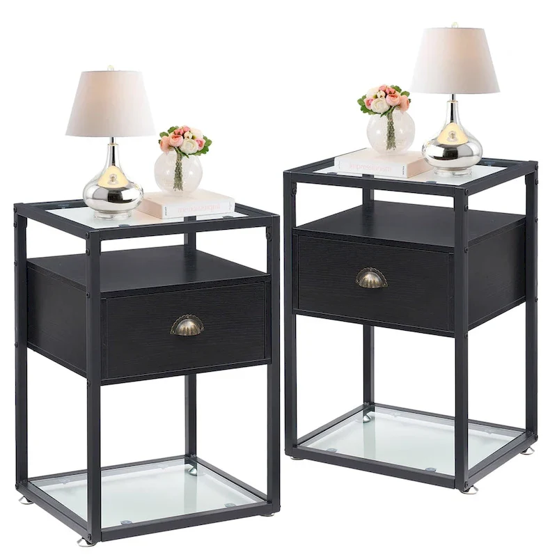 VECELO (Set of 2) Modern 1-Drawer Nightstand with 2-tier Glass Shelves