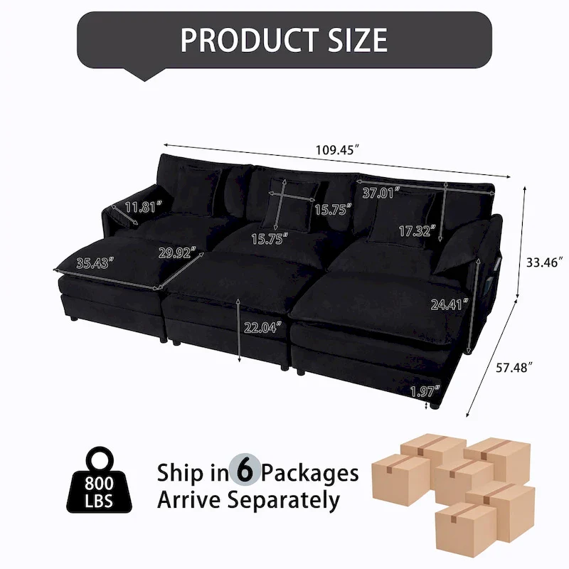 109.45 Chenille Upholstered 3-Seater Sleeper Modular Sectional Sofa with Double-Layer Cushions, DIY Combination