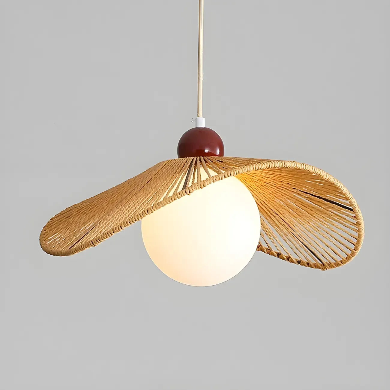 Rattan Curved White Glass Globe Pendant Light