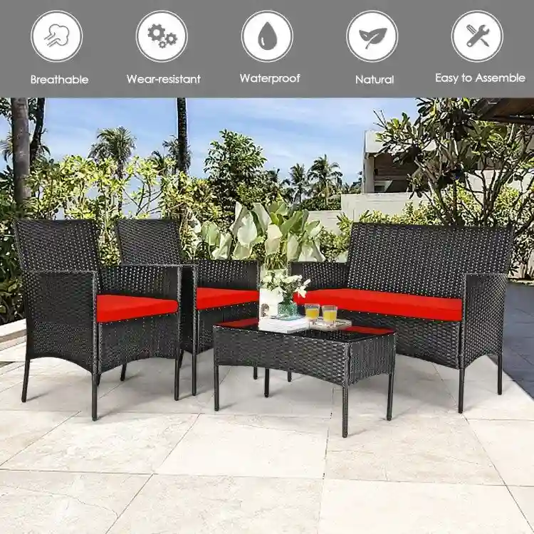 4 Pieces Patio Rattan Cushioned Sofa Set with Tempered Glass Coffee Table - 24 x 23.5 x 33 (L x W x H)