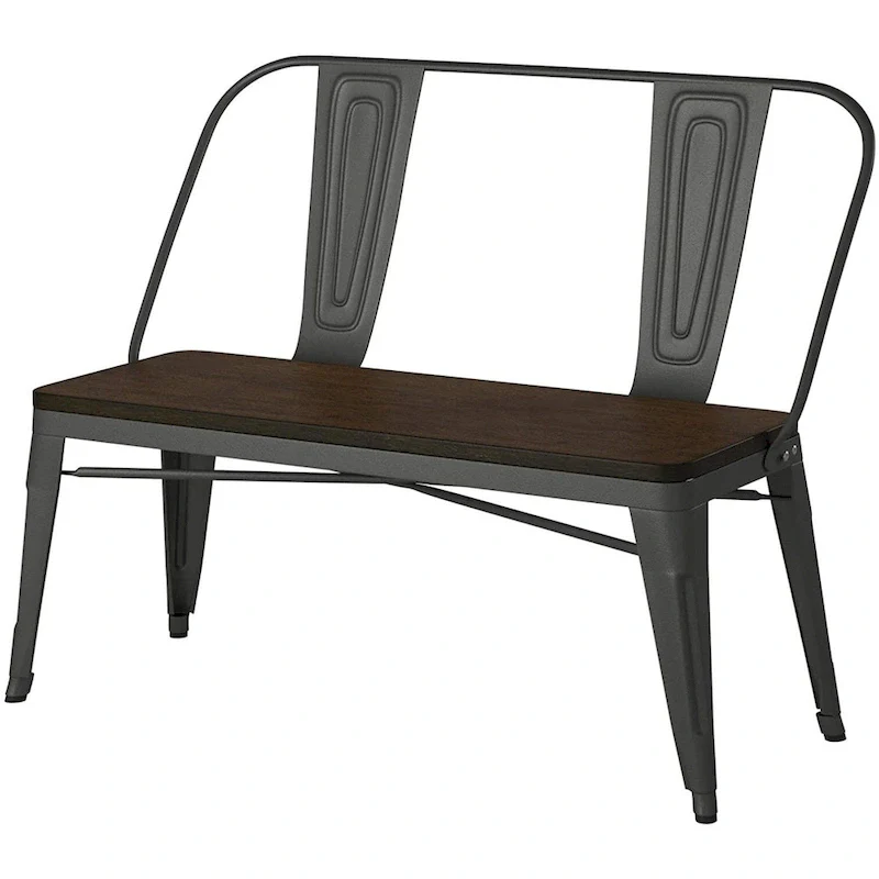 Metal Dining Bench with Wood Top and High Back