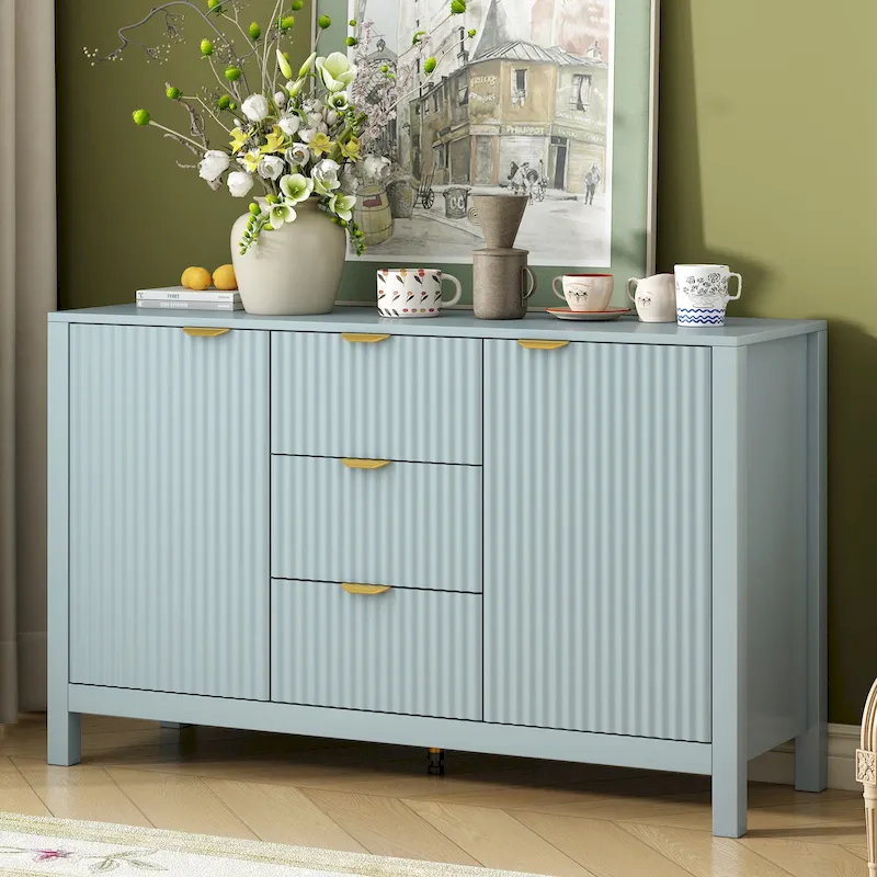 Cyan / Black / White Wave-Pattern Sideboard | 3 Drawers & 2-Door Cabinet | 1-Person Assembly