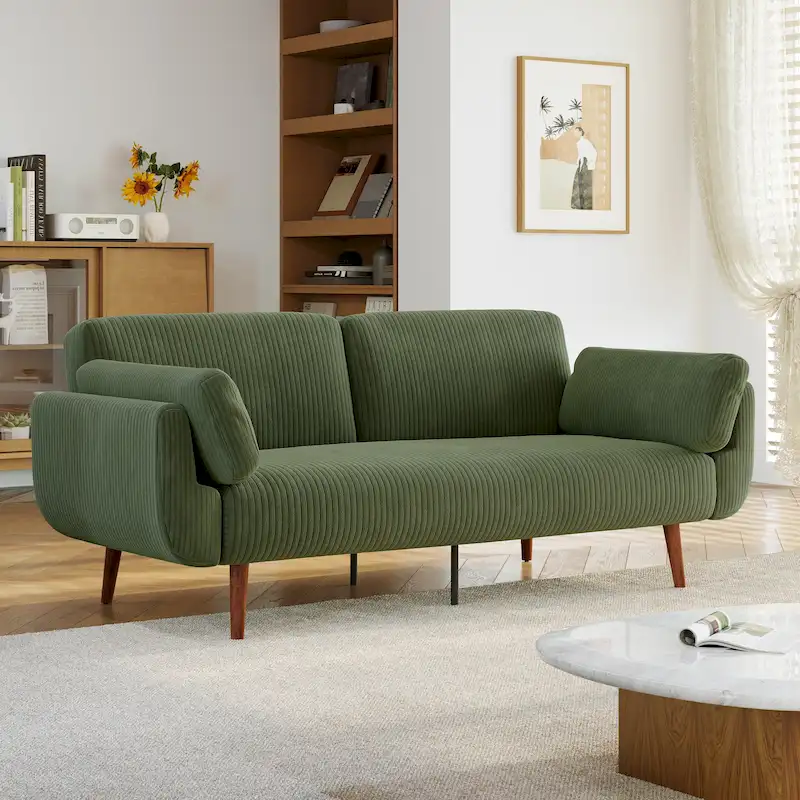 2-Seat Corduroy Convertible Sleeper Sofa – Green / Navy / Grey / Beige / Khaki
