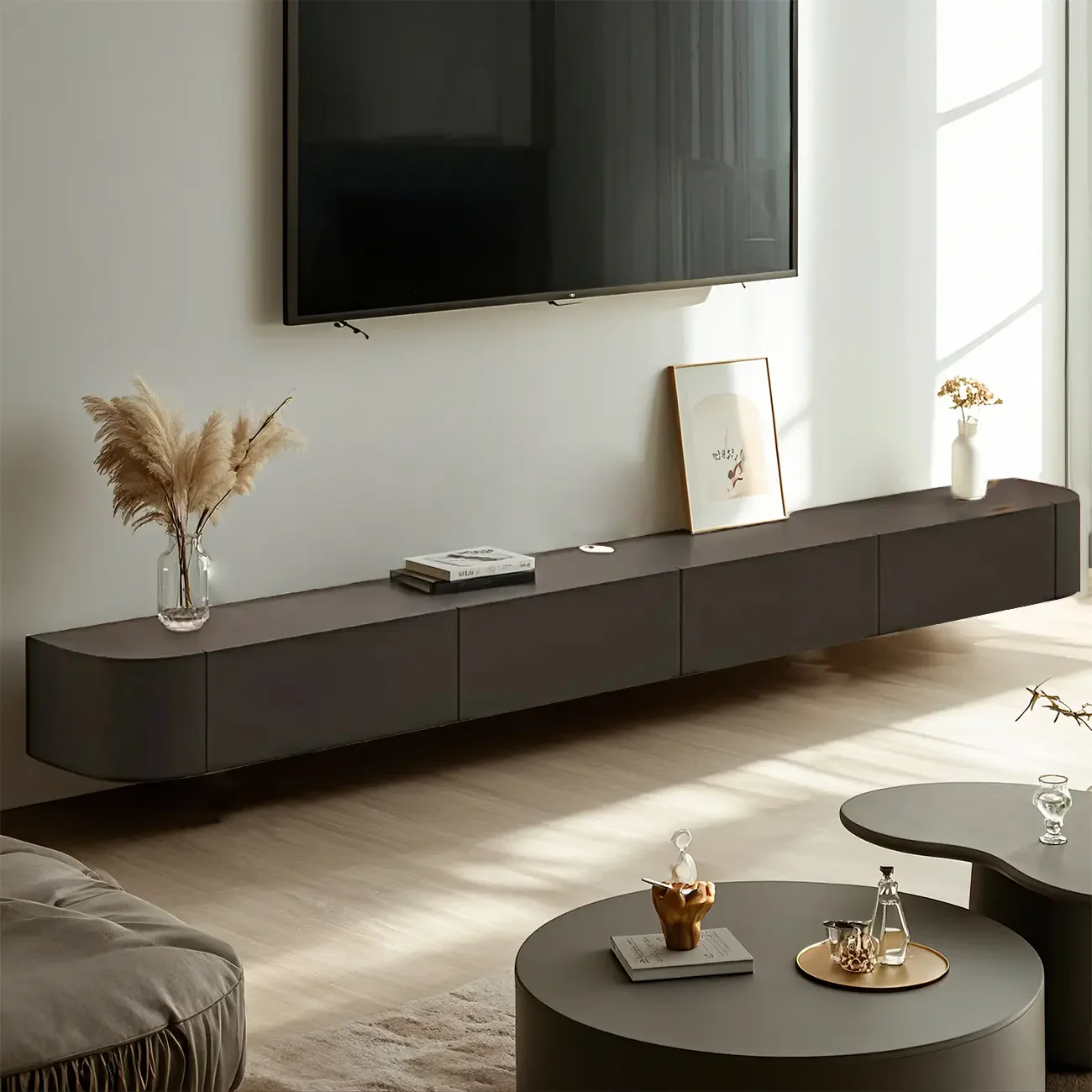 87 Black Modern Oak Wood Storage Floating TV Stand