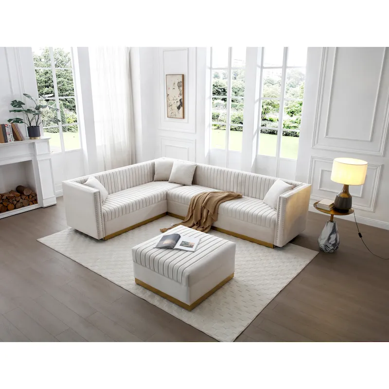Beige Velvet Tufted L-Shaped Sectional Sofa with Ottoman and 4 Pillows
