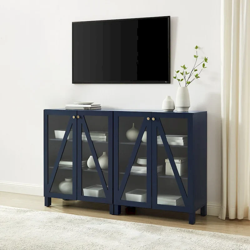 Media Storage Cabinet Set - Navy Finish with Tempered Glass Doors