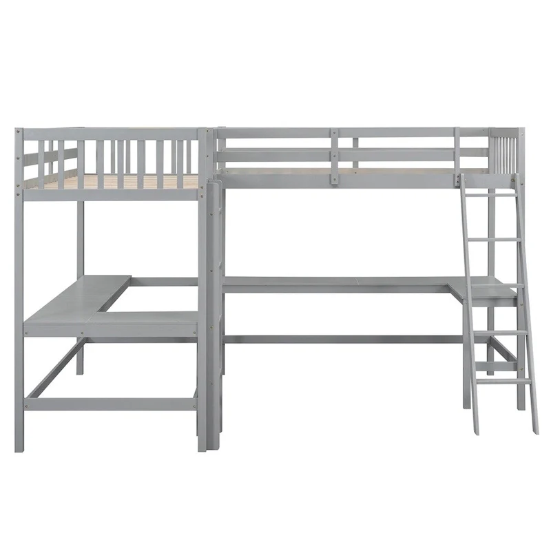 Twin Size Wood L-Shaped Loft Bed with Ladder and 2 Built-in Desks