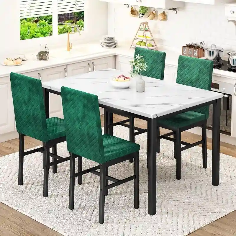 5-Piece Dining Room Table Set with Faux Marble Table Top and Diamond Stitching Velvet Upholstery Dining Chairs