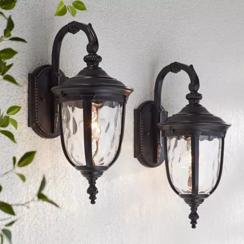 John Timberland Bellagio Vintage Outdoor Wall Light Fixtures Set of 2 Texturized Black Downbridge 16 1/2 Clear Hammered Glass for Post Exterior Barn