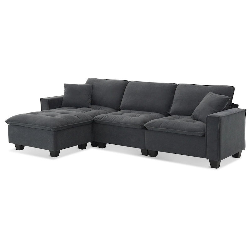 100 L-Shaped Convertible 4 Seater Sectional Sofa with Removable Ottoman and Matching Pillows, Suede Velvet Upholstery