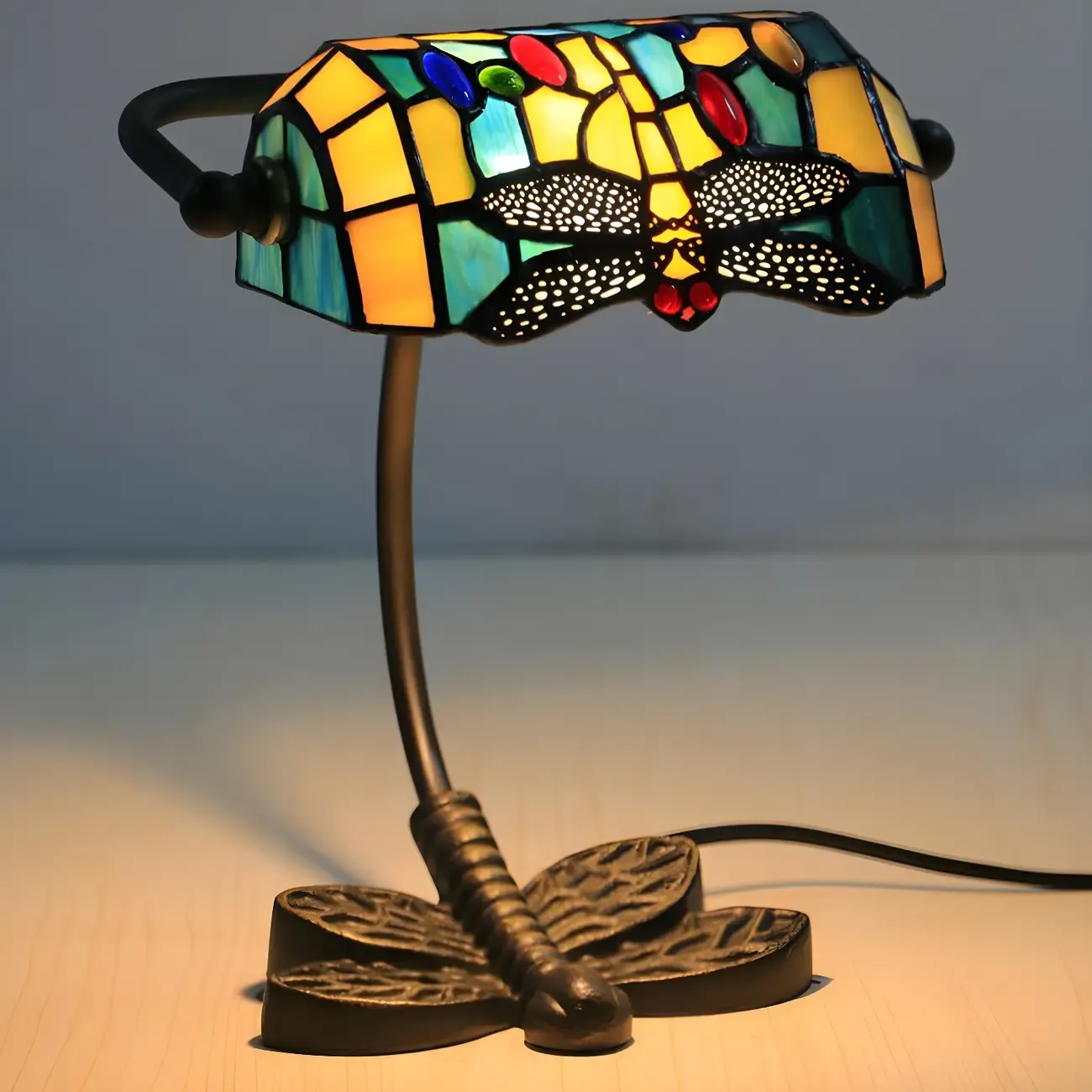 Tiffany Vintage Dragonfly Base Stained Glass Table Lamp