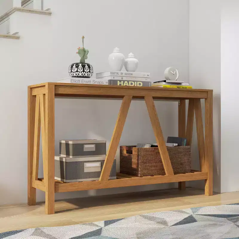 HOMCOM Farmhouse Console Table with Storage Shelf, Rustic Sofa Table with Anti-tipper for Living Room Furniture, Bedroom and Entryway