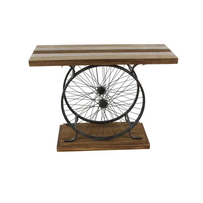 Wood Bike Wide Slatted Top Console Table with Dual Wheel Frame and Tiered Base - Brown or Blue - Roche River Decor