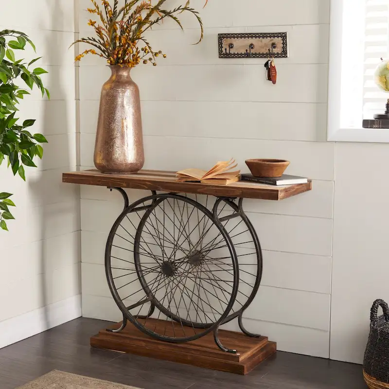 Brown / Blue Industrial Slatted Console Table with Dual Wheel Frame & Tiered Base, 1-Person