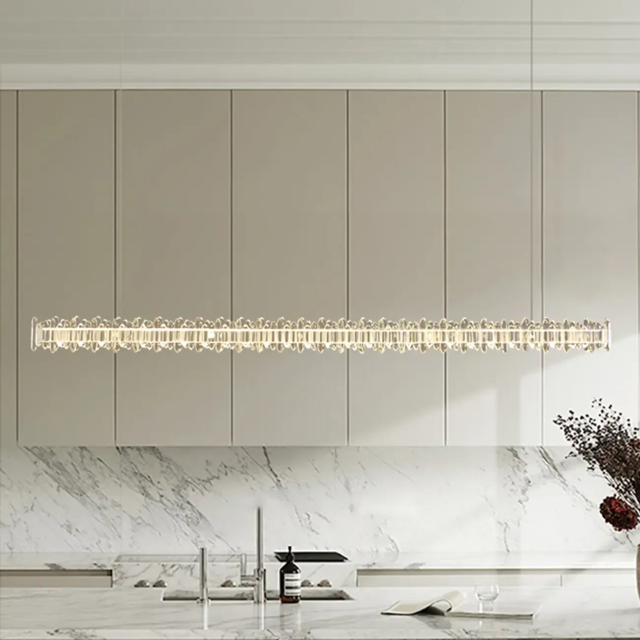 Linear Crystal Island Pendant Light Dimmable LED for Kitchen
