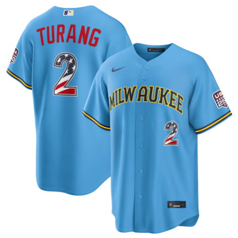 Milwaukee Brewers Brice Turang Light Blue USA 250 Fourth of July Road Stadium Jersey