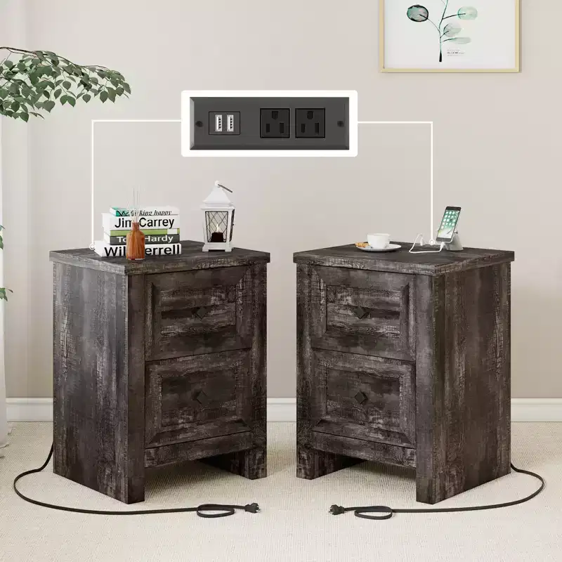 AMERLIFE Nightstand Set of 2 with Charging Station