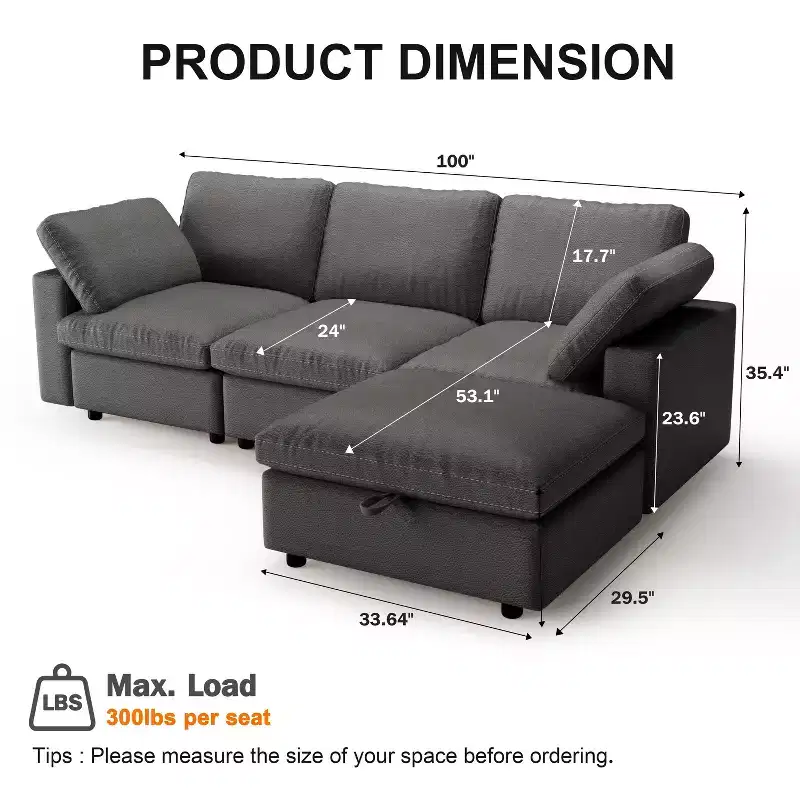 Dyonery cat paw leather sofa, large combination sofa with storage stool, widened seat cushion, suitable for living room