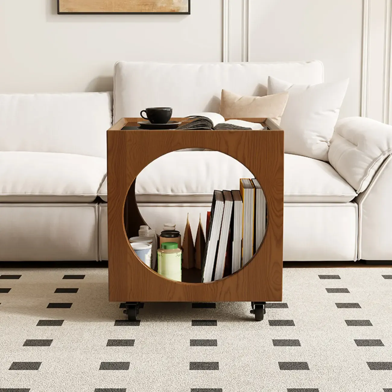 Mid-Century Modern Rolling Glasstop Square Wood Side Table
