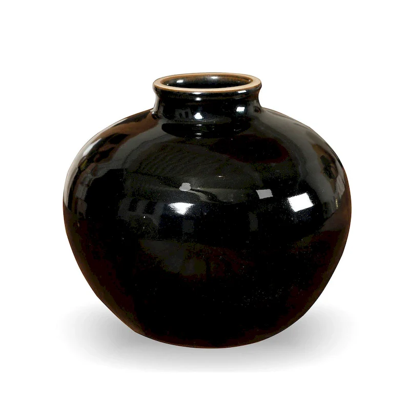 Artissance 10.63 L Round Black Porcelain Glazed Obsidian Small Opening Vase, Home and Garden Decor