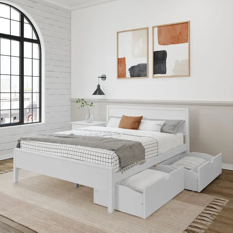 White / Clay Queen-Size Bed with Panel Headboard & Storage Drawers – Seats 2
